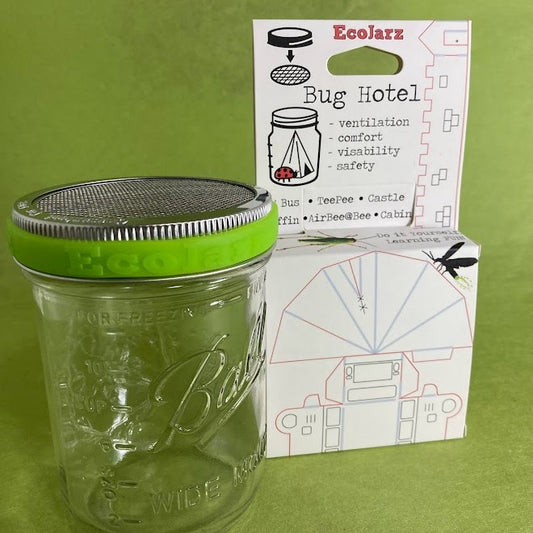 16 ounce wide-mouth mason jar with a stainless steel screen lid, next to the Bug Hotel packaging box.