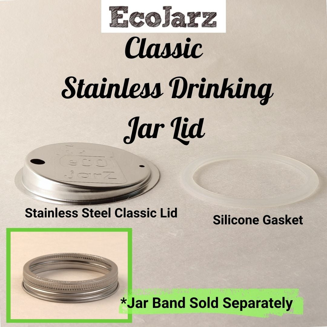 The parts of a stainless steel classic drink lid include the stainless steel lid and a silicone gasket. Jar band sold separately.