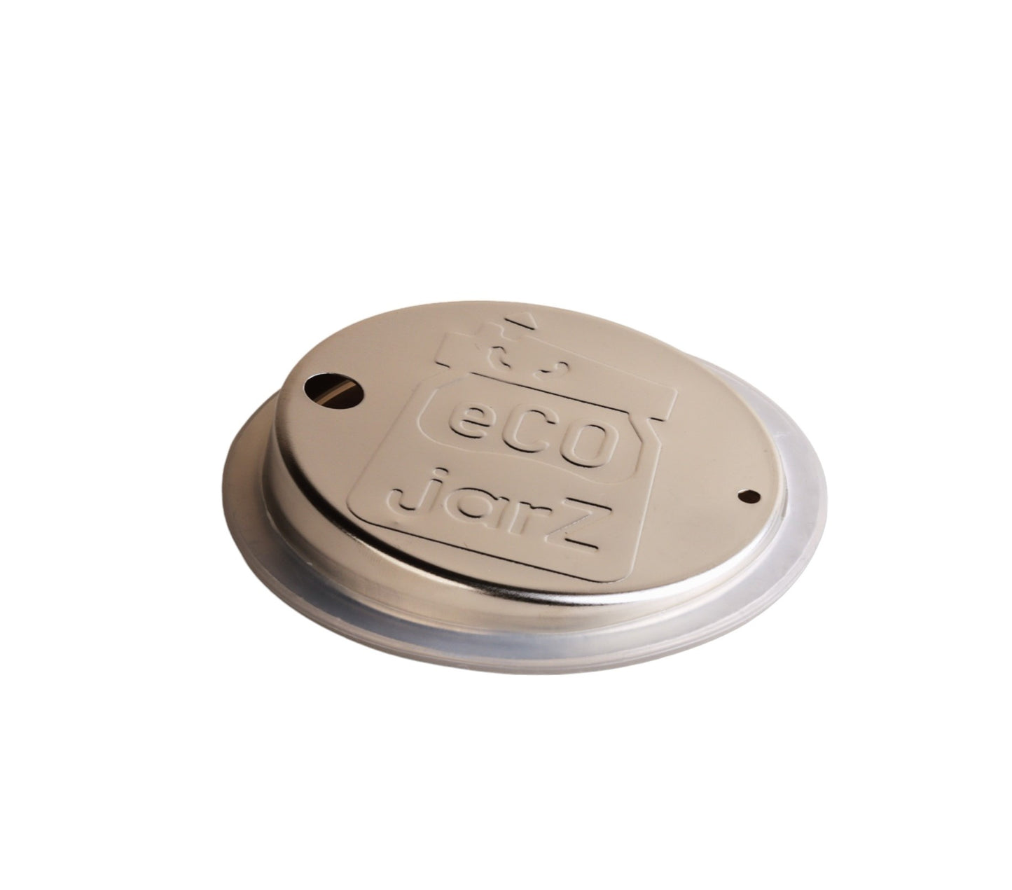 Stainless steel drinking lid for wide mouth mason jars with the EcoJarz logo on top and a clear silicone gasket.