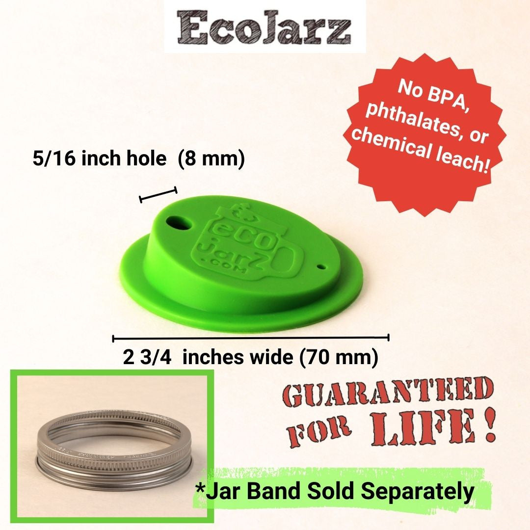 Silicone classic lid for regular mouth jars is 70 mm in diameter and has a n 8mm hole for a straw.  Jar band sold separately.  Guaranteed for Life.