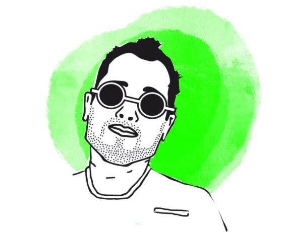 a digital illustration of a man with dark hair, stubble and round glasses