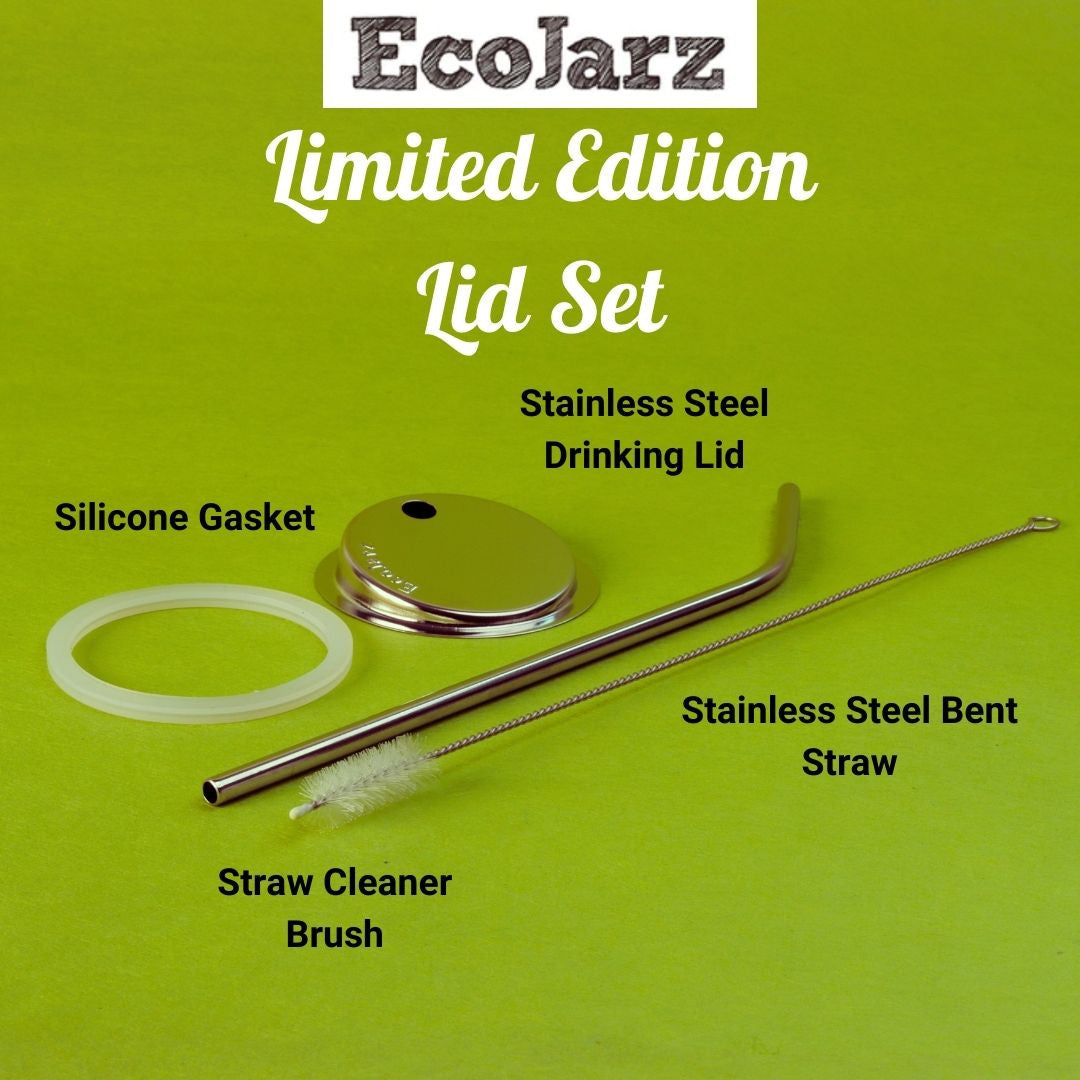 Limited Edition Lid Set for Regular Mouth Mason Jars Stainless Steel Lid Silicone Gasket Stainless Steel Bent Straw and Straw Cleaner Brush