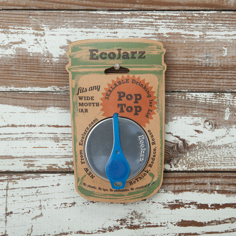 EcoJarz Poptop Resealable Drink Jar Lid for Wide Mouth Mason Jars Blue in retail packaging