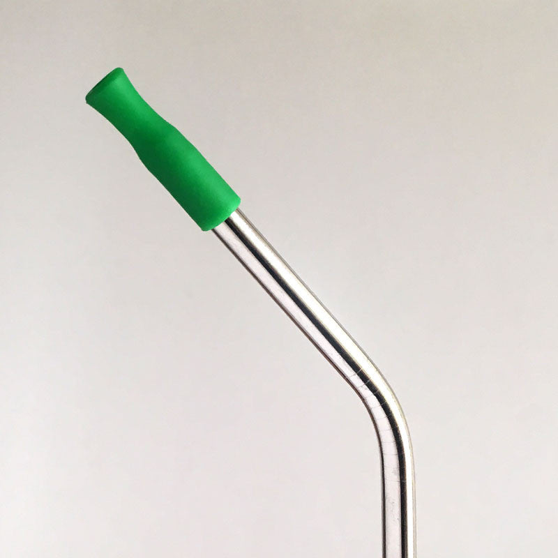stainless steel straw with a bend and a green silicone tip on the end of the straw