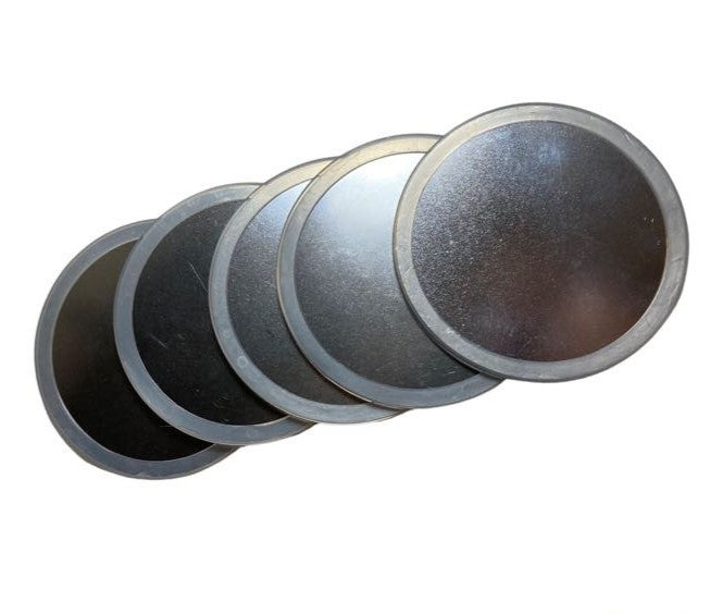 5 stainless steel Storage Lid Disks with wraparound gaskets attached