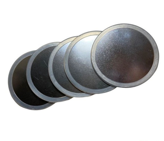 5 stainless steel Storage Lid Disks with wraparound gaskets attached