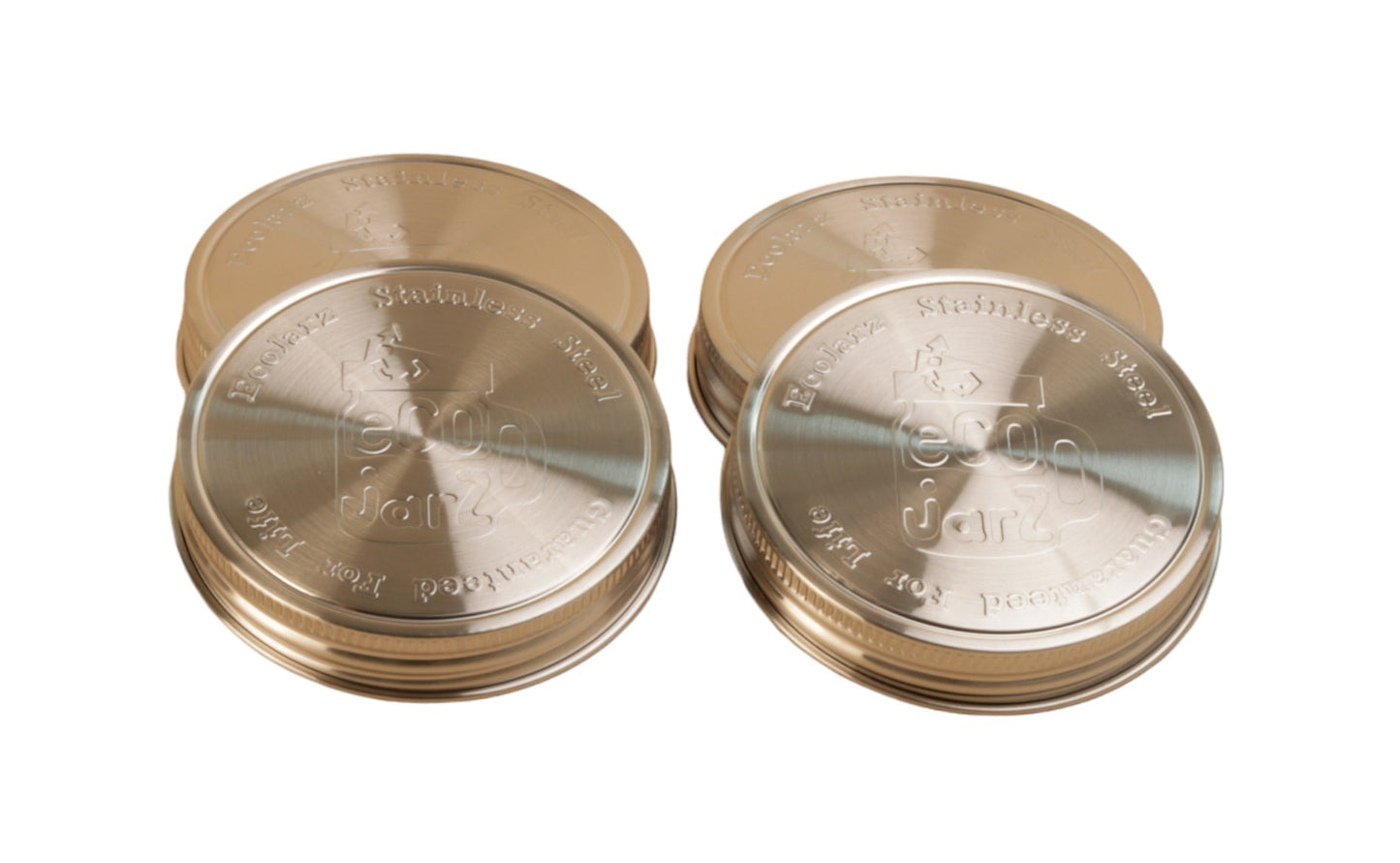 4 one-piece wide mouth storage lids with the ecojarz logo on top