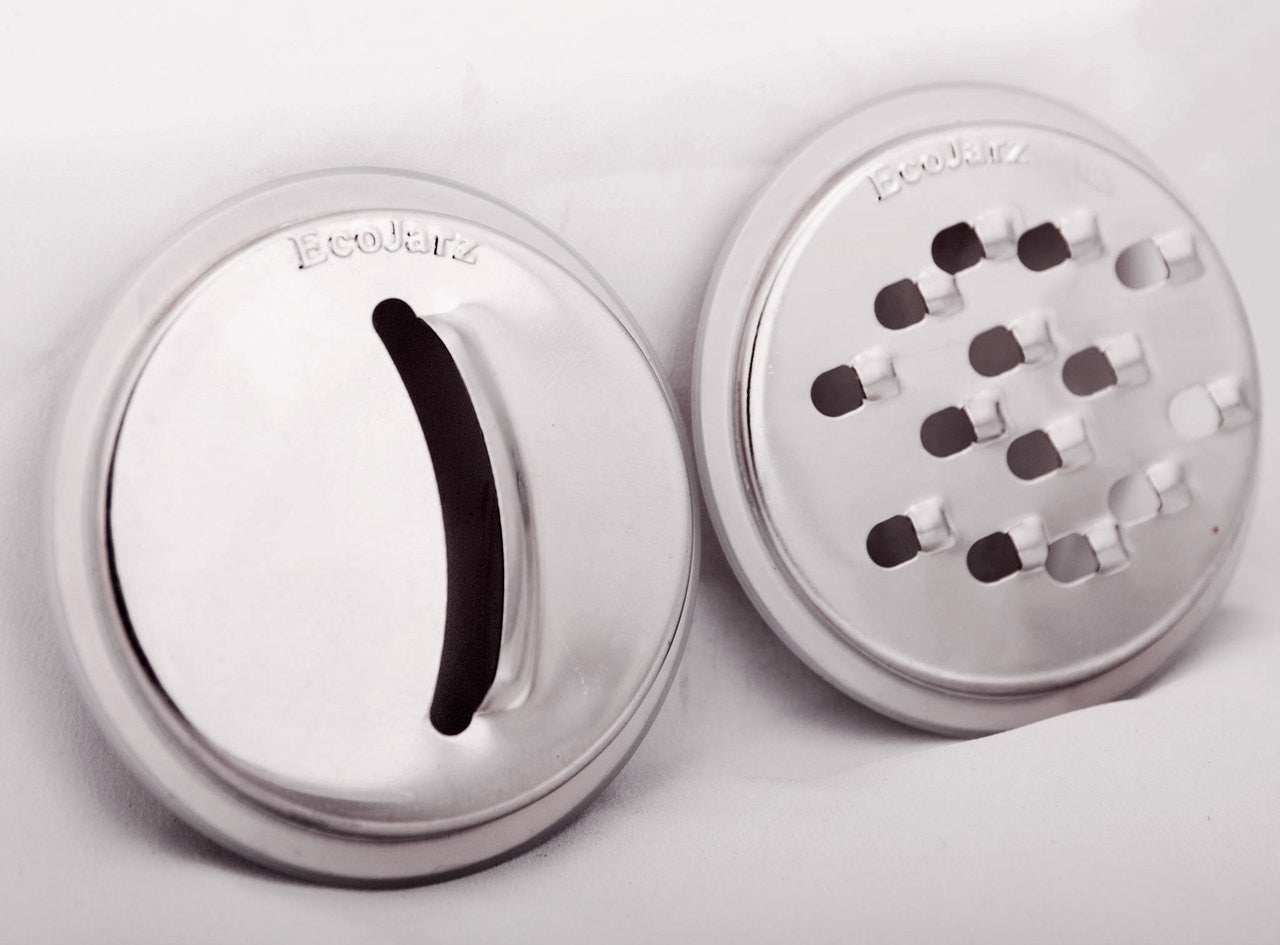 Stainless steel slicer in a round shape and a stainless steel grater in a round shape to fit a wide mason jar