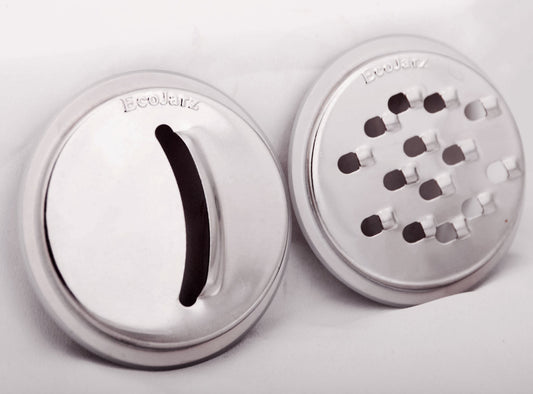 Stainless steel slicer in a round shape and a stainless steel grater in a round shape to fit a wide mason jar