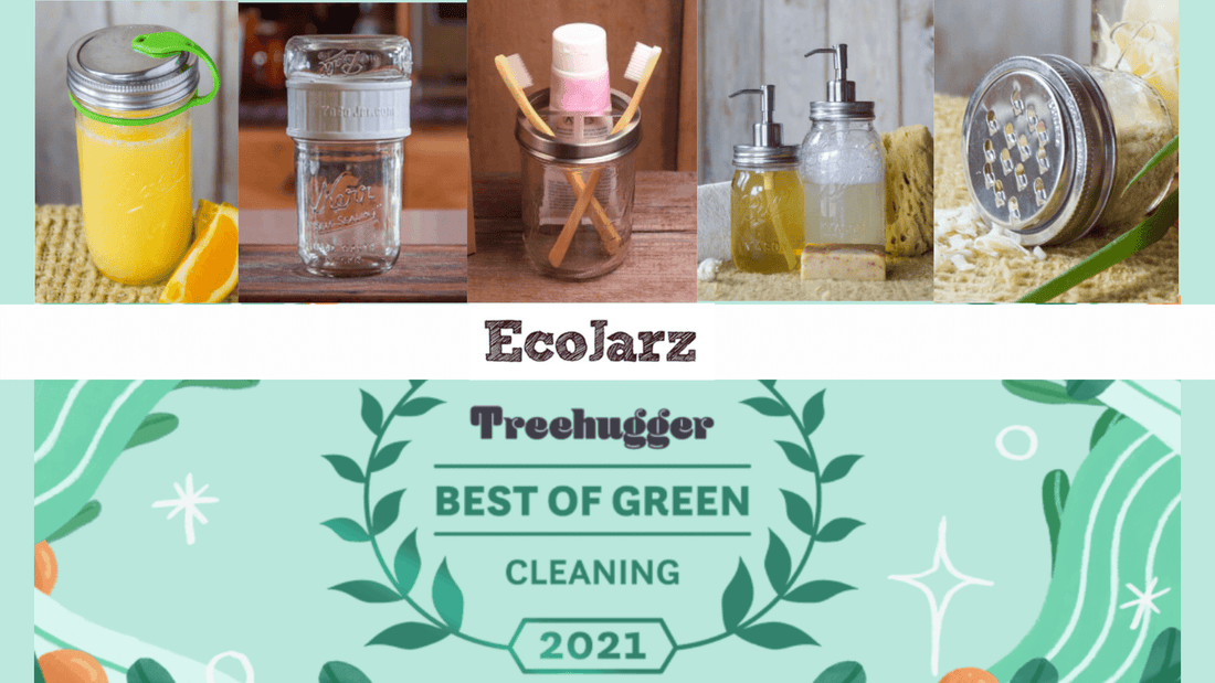 mason jars with ecojarz accessories and a treehugger award