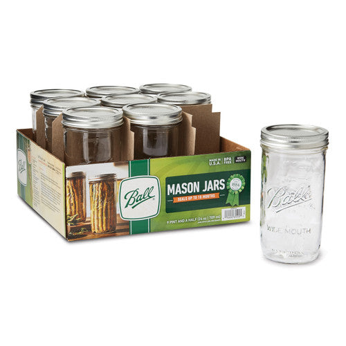 24 ounce tall wide mouth mason jars and lids in a carton, 9 jars total