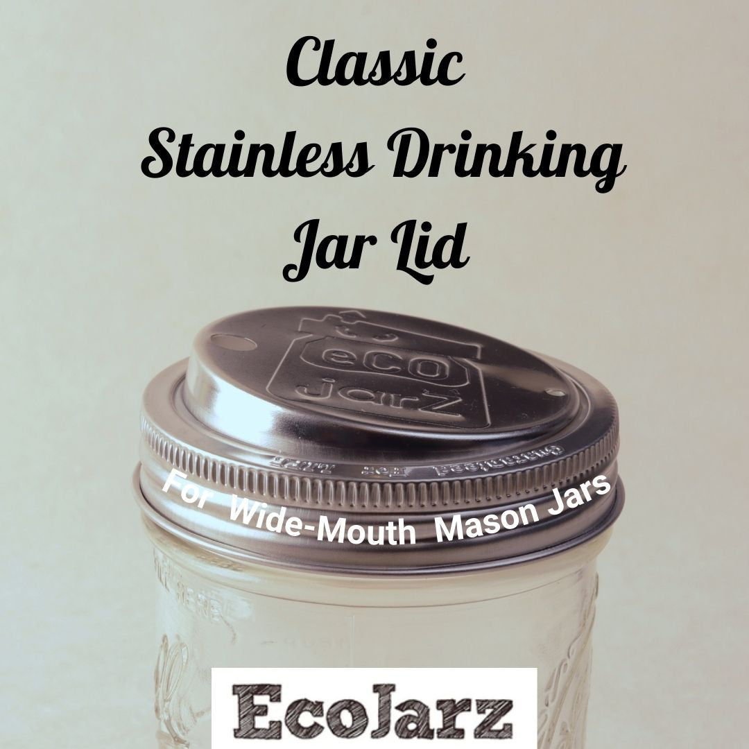 Classic stainless steel drinking lid on a wide mouth mason jar.