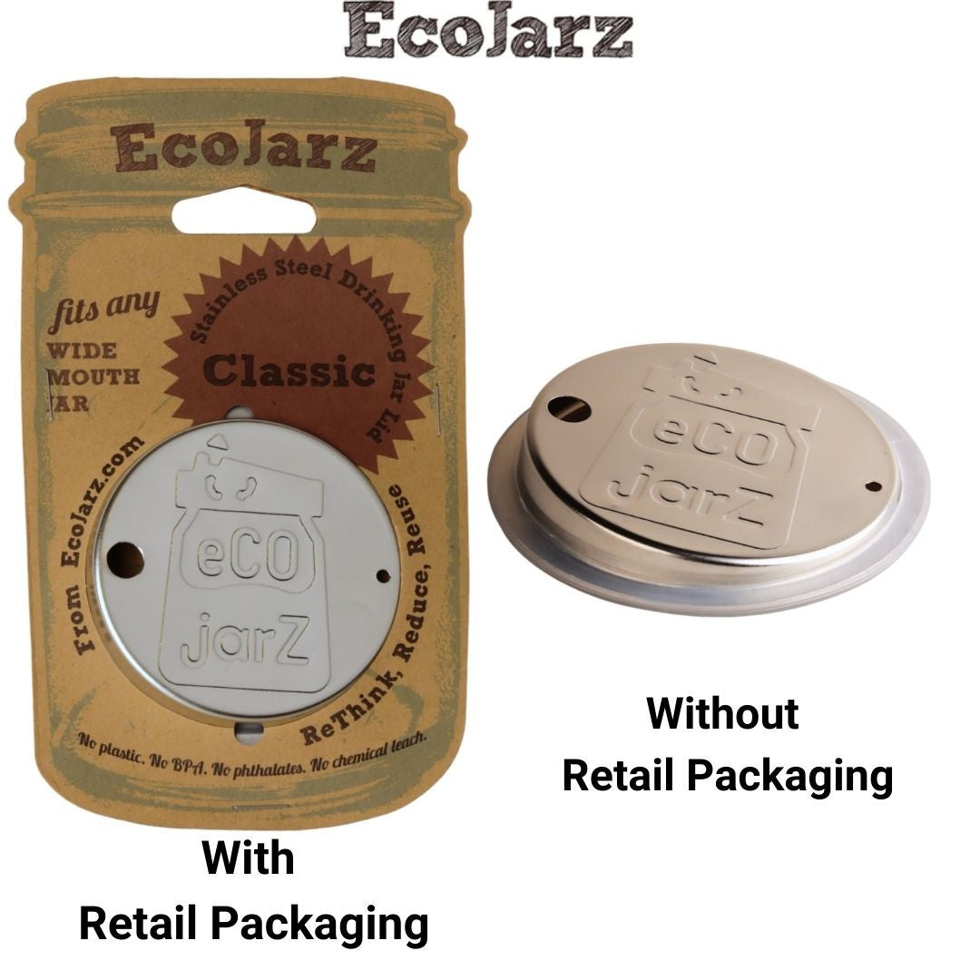 Classic stainless steel drink lids, with retail packaging and without retail packaging.