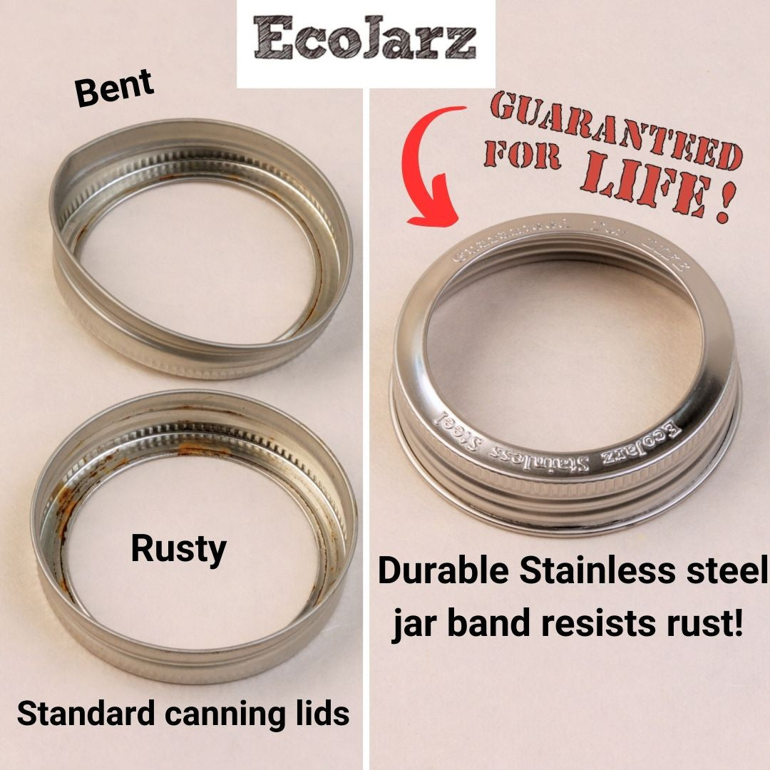 Replace rusty and bent tin mason jar lids with EcoJarz Stainless Steel Jar Band for regular Mouth Mason Jars Guaranteed for Life