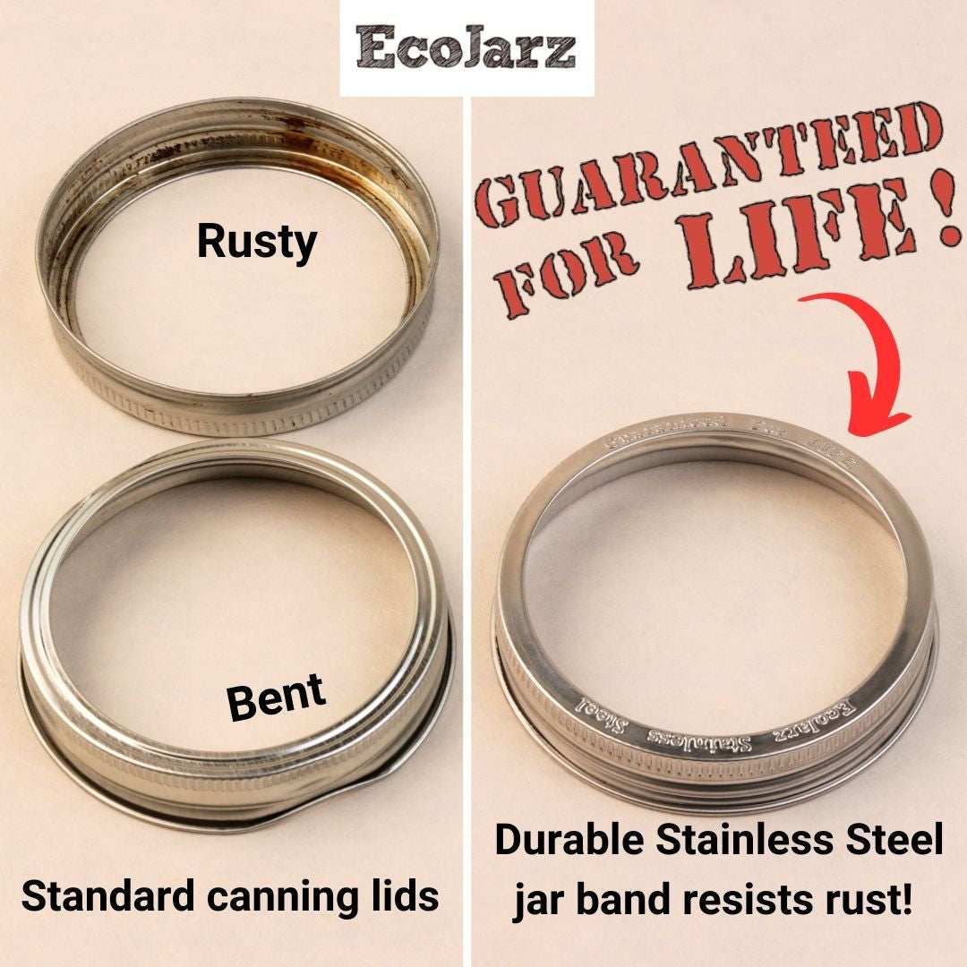 EcoJarz Stainless Steel Jar Band for Wide Mouth Mason Jars replace rusty and bent tin mason jars with guaranteed for life durable stainless steel jar band from EcoJarz