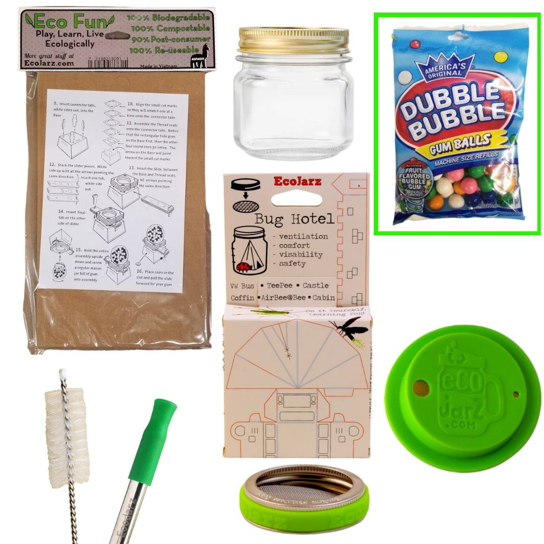 Kids Bundle includes Bug Hotel Screen Lid for Mason Jars, Silicone Drink LId for regular Mouth Mason JArs, Smoothie Straw and Silicone Tip, Straw Cleaner Brush, Cardboard Gumball Machine Puzzle, 8 oz glas jar, and a free bag of bubble gumballs!