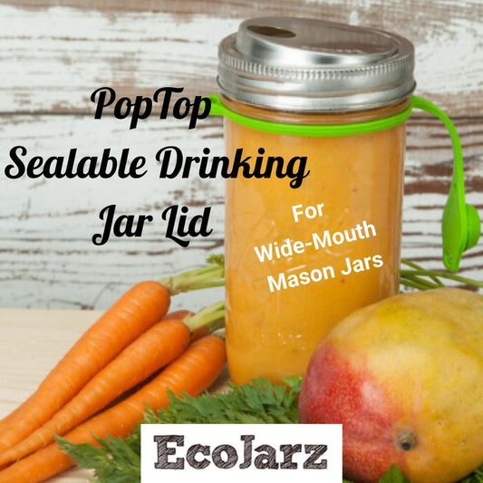EcoJarz Poptop Resealable Drink Jar Lid for Wide Mouth Mason Jars, shows a smoothie in a 24 ounce wide mouth mason jar
