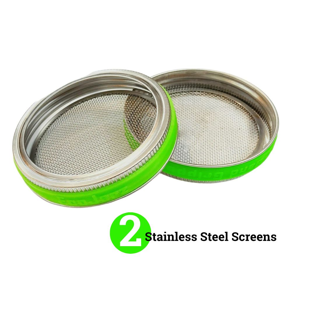 Pantry Bundle includes two wide mouth stainless steel screens and jar bands