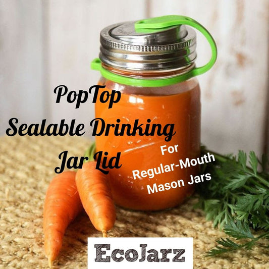 Poptop Sealable Drinking Jar Lid for Regular Mouth Mason Jars, shows a mason jar filled with carrot juice