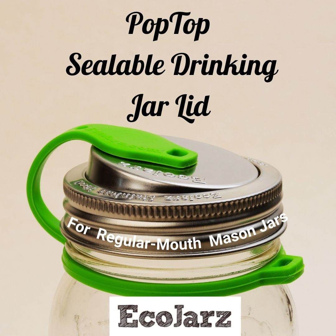 Poptop Sealable Drinking Jar Lid for Regular Mouth Mason Jars n a mason jar with a jar band