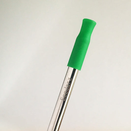 stainless steel straw with ecojarz etched on the straw and a green silicone straw tip on the end of the straw