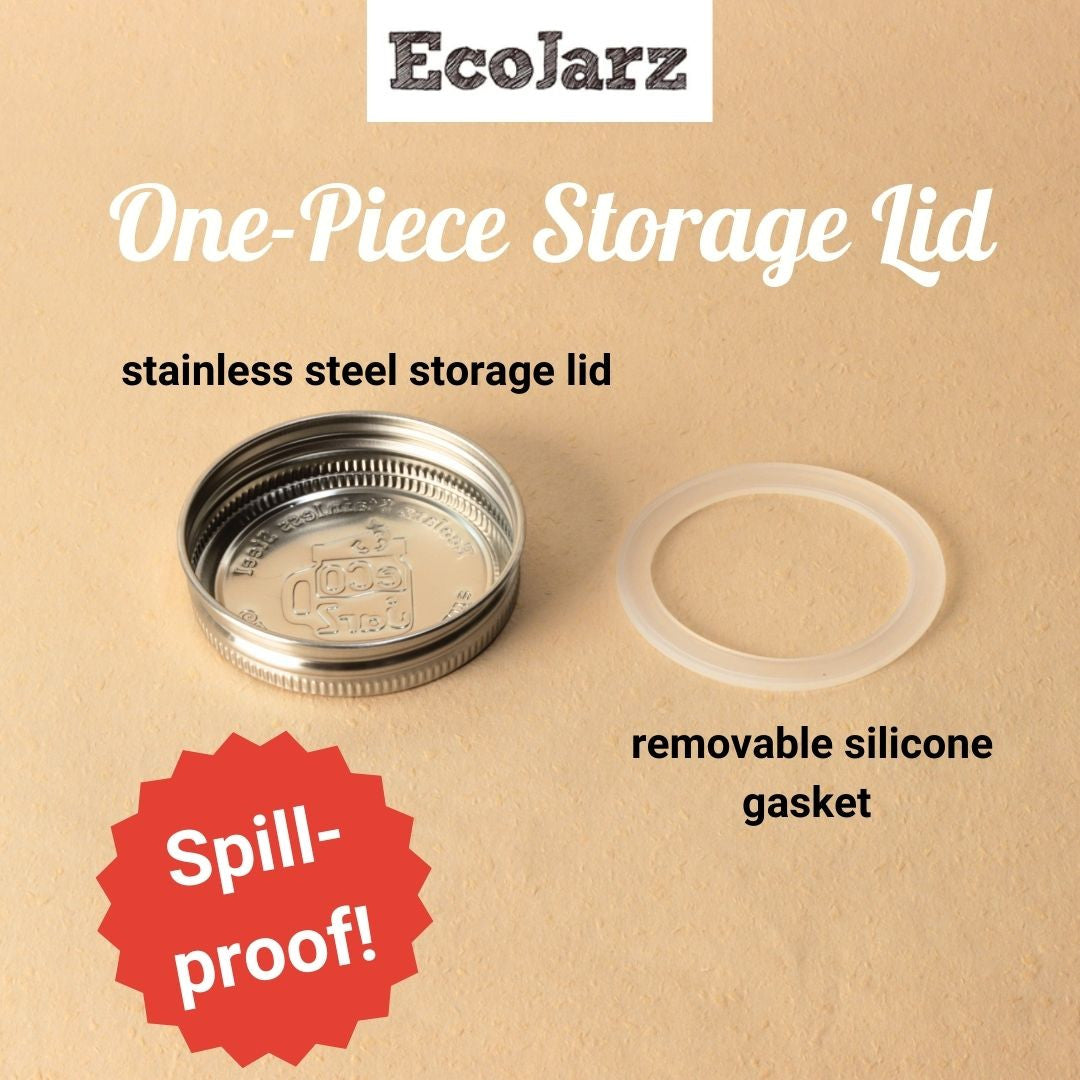 EcoJarz One Piece Storage Lid for Regular Mouth Mason Jars stainless steel llid silicone gasket spill proof
