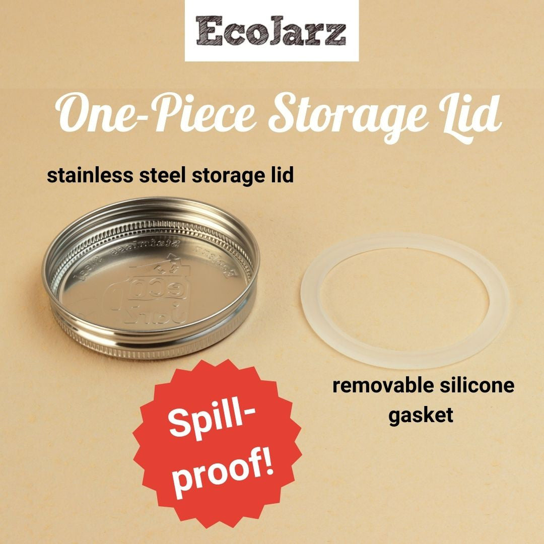 EcoJarz One Piece Storage Lid for Wide Mouth Mason Jars stainless steel silicone gasket spill proof