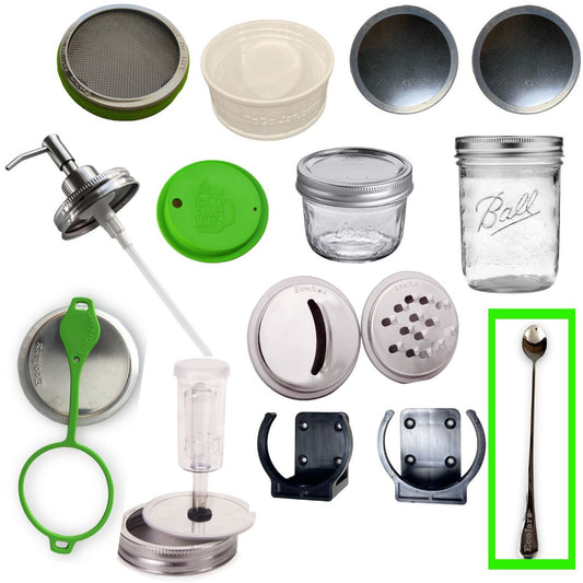 Van Life Bundle includes screen, togojar, two storage disks, soap pump, silicone drink lid, 8 ounce wide mouth mason jar, 16 ounce wide mouth mason jar, green poptop sealable drink lid, fermenter lid and airlock, grater and slicer, 2 jar clips, and a free spoon!