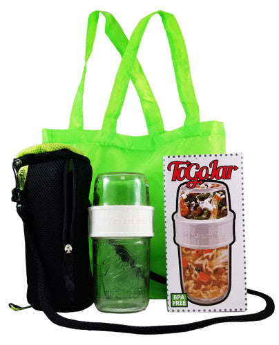 Togojar connects two mason jars, displayed next to a black padded cozy, a green shopping bag, and the retail packaging